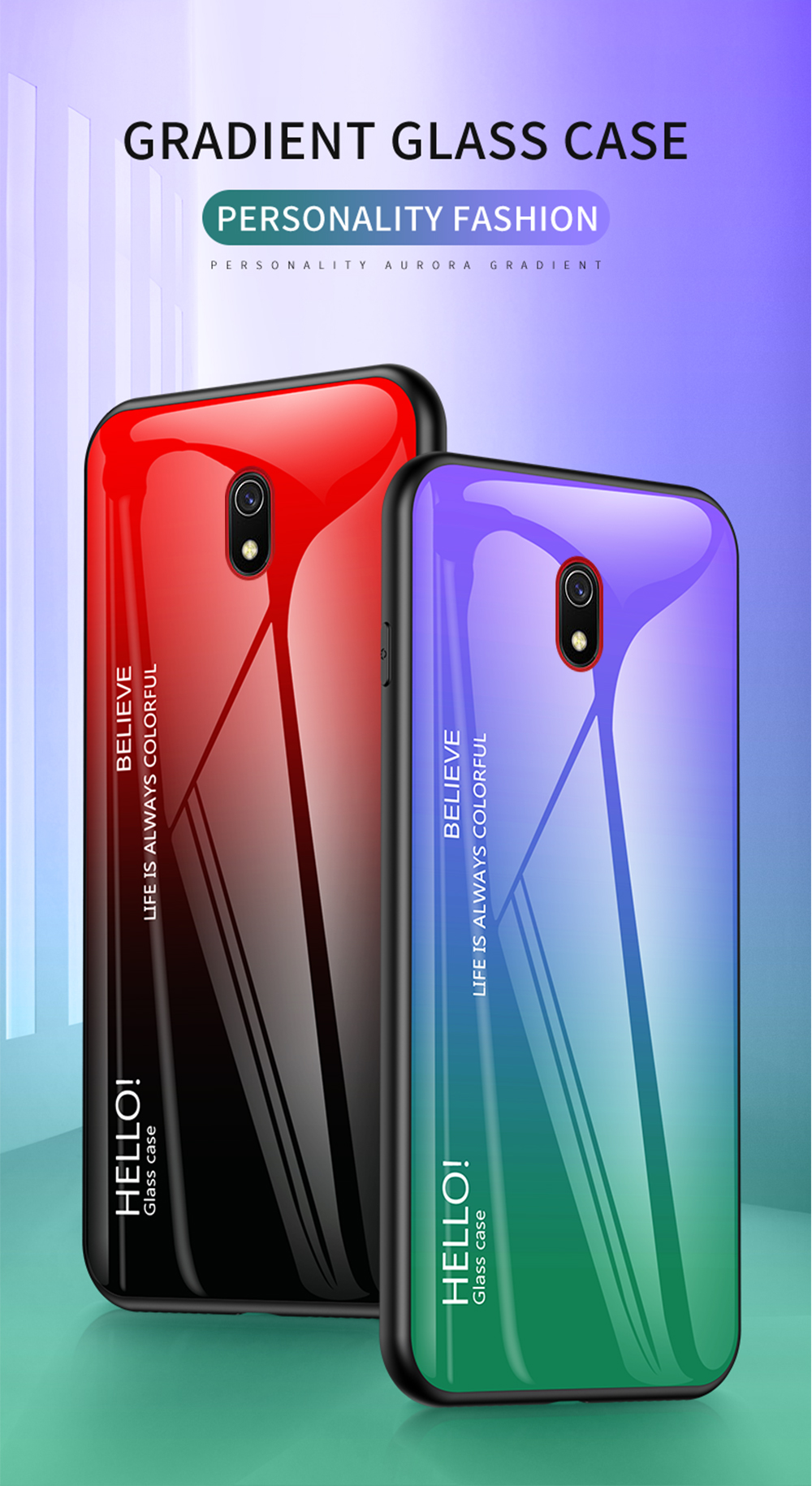 Caso de Vidro Temperado Com Cor Gradiente + PC + TPU Para Xiaomi Redmi 8a - Roxo