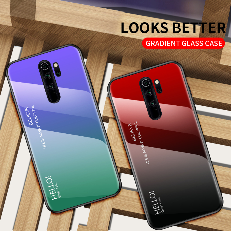 Per Xiaomi Redmi Note 8 Pro Cover Gradient Cover Temped Glass + PC + TPU Hybrid Protective Case - Giallo