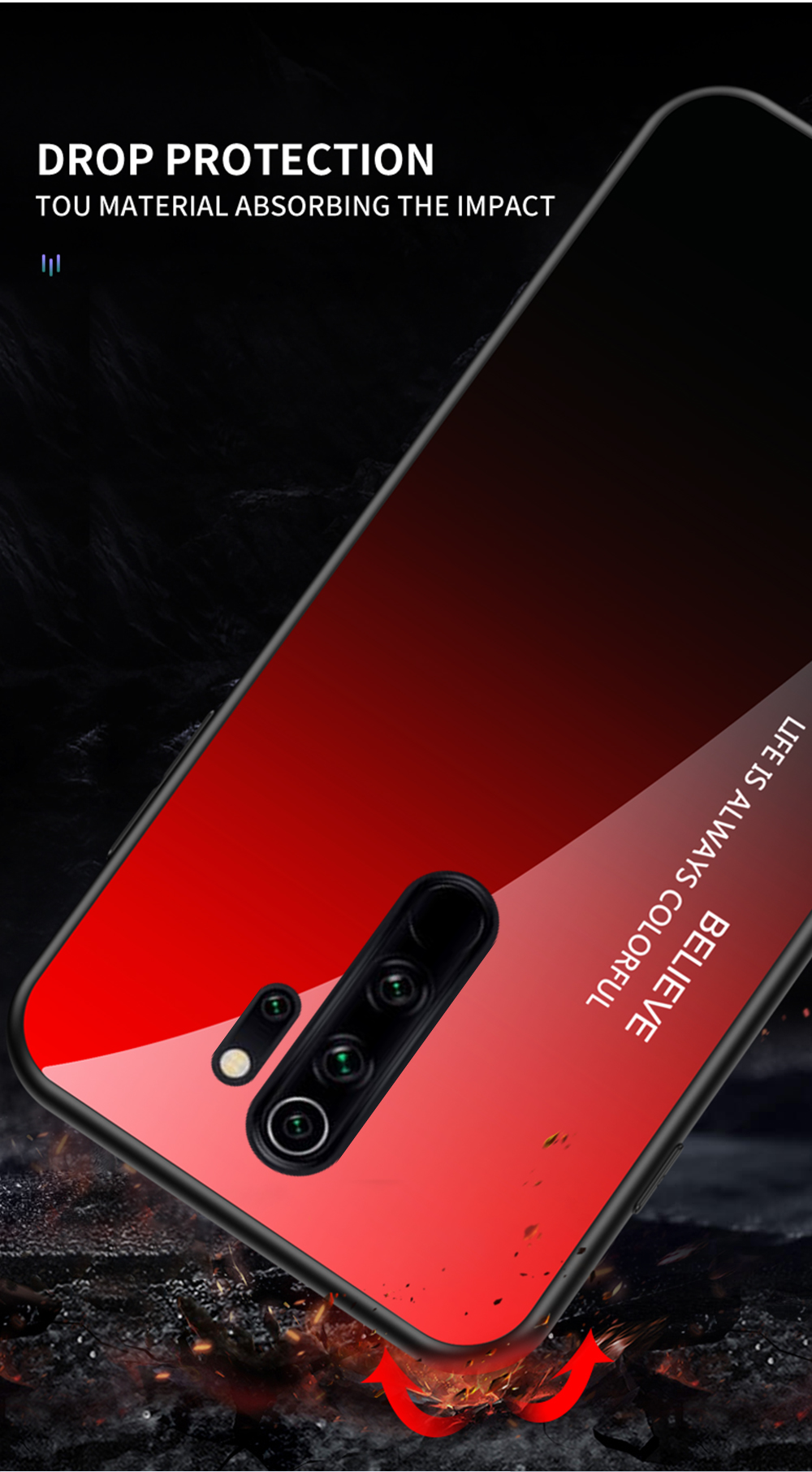 Für Xiaomi Redmi Anmerkung 8 Pro -gradientenfarbenabdeckung Temperiertes Glas + PC + TPU Hybrid -schutzhülle - Gelb