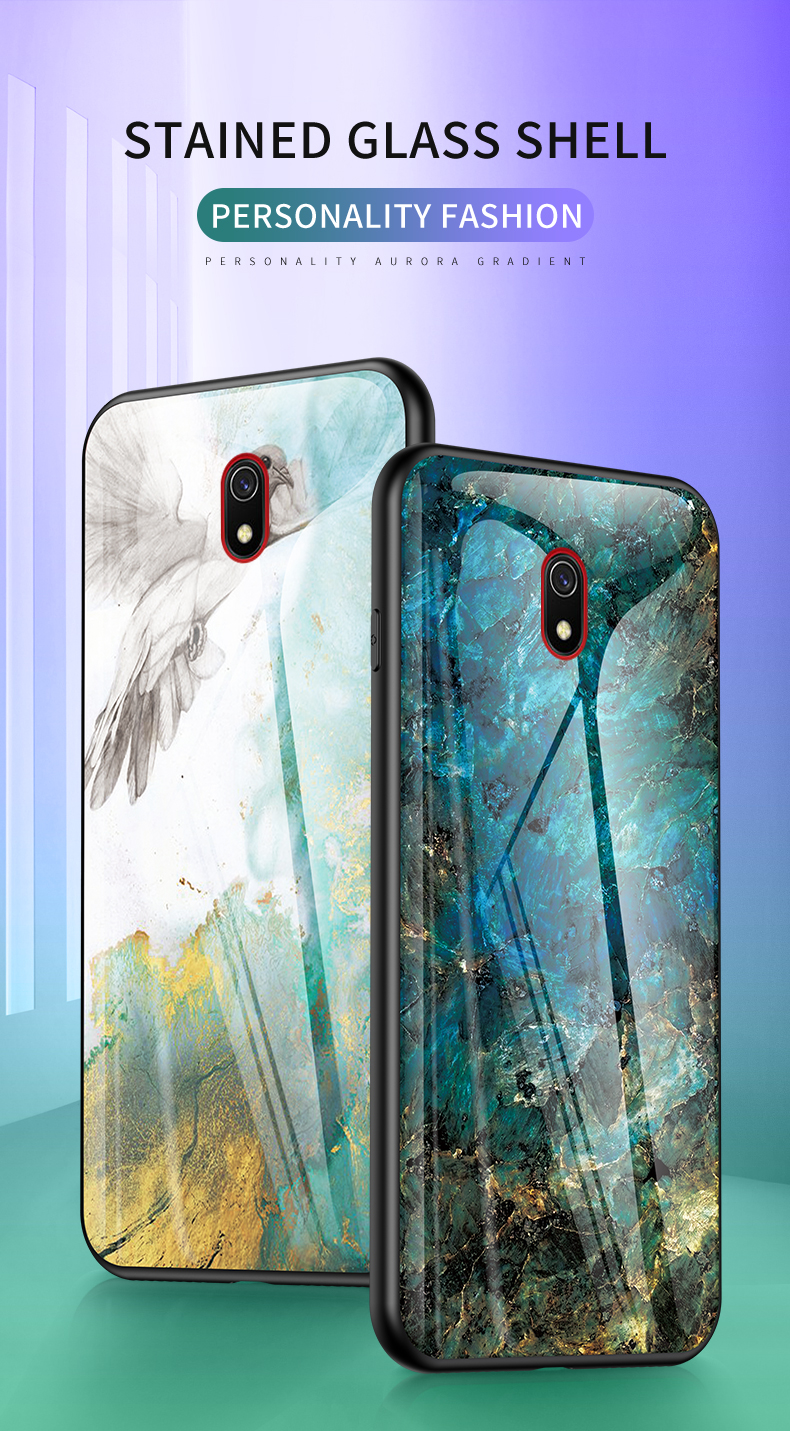 Textura de Mármol Vidrio Templado + PC + TPU Case de Teléfono Para Xiaomi Redmi 8a - Esmeralda