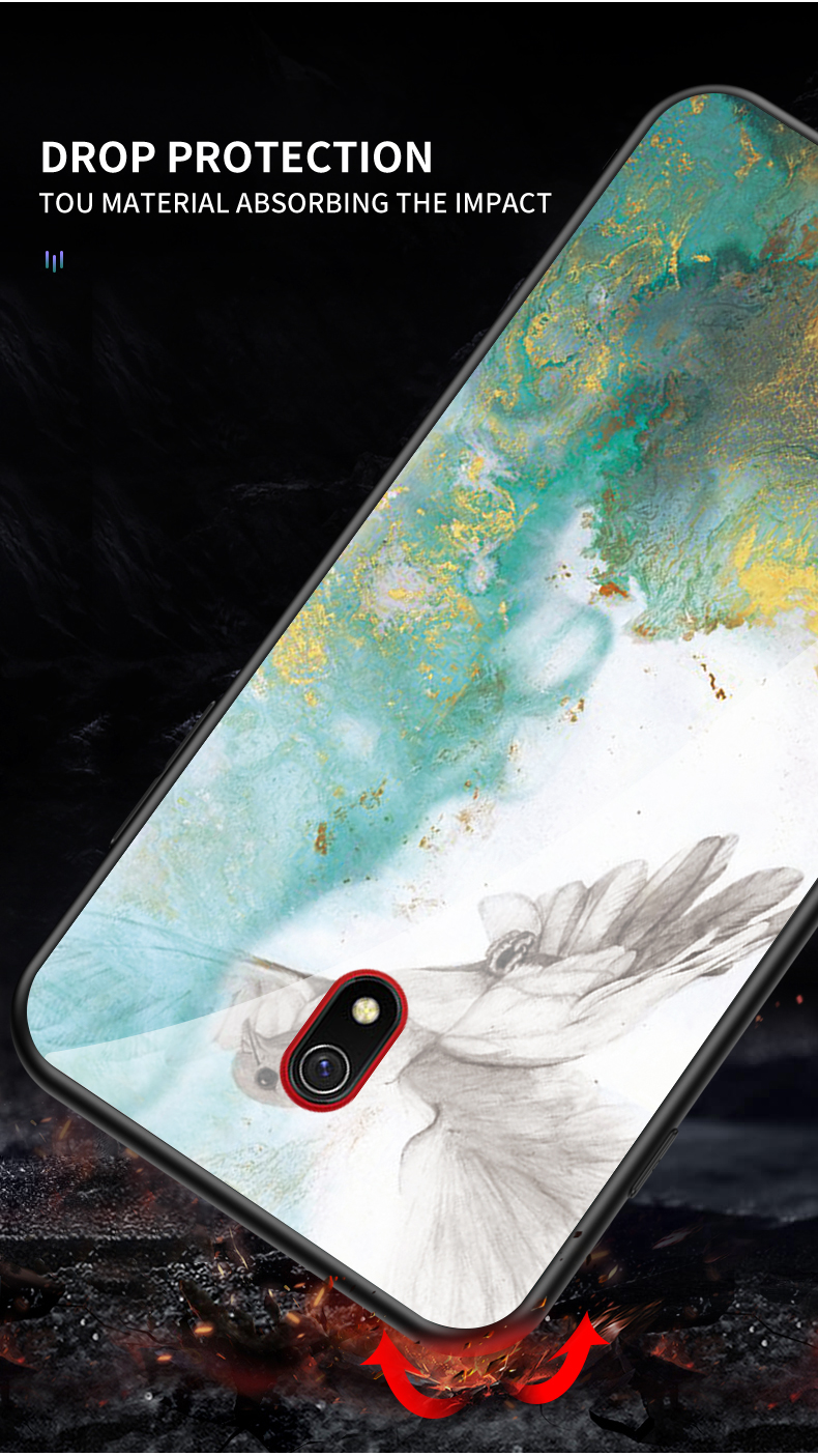 Textura de Mármol Vidrio Templado + PC + TPU Case de Teléfono Para Xiaomi Redmi 8a - Esmeralda