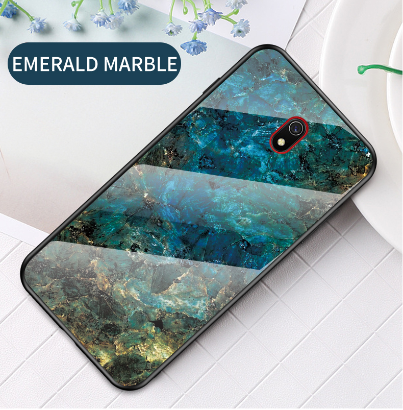 Textura de Mármol Vidrio Templado + PC + TPU Case de Teléfono Para Xiaomi Redmi 8a - Blanco