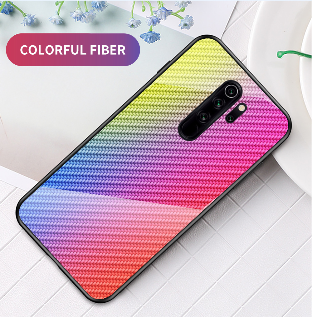 Verre Trempée de la Peau en Fibre de Carbone + PC + Étui de Téléphone TPU Pour Xiaomi Redmi Note 8 Pro - Fibre Bleue