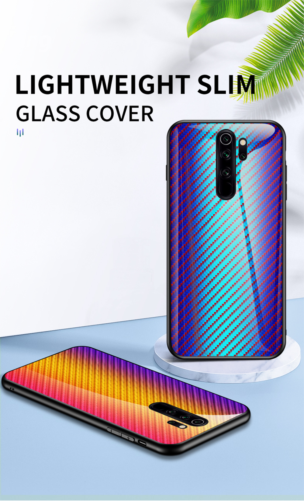 Verre Trempée de la Peau en Fibre de Carbone + PC + Étui de Téléphone TPU Pour Xiaomi Redmi Note 8 Pro - Fibre Bleue