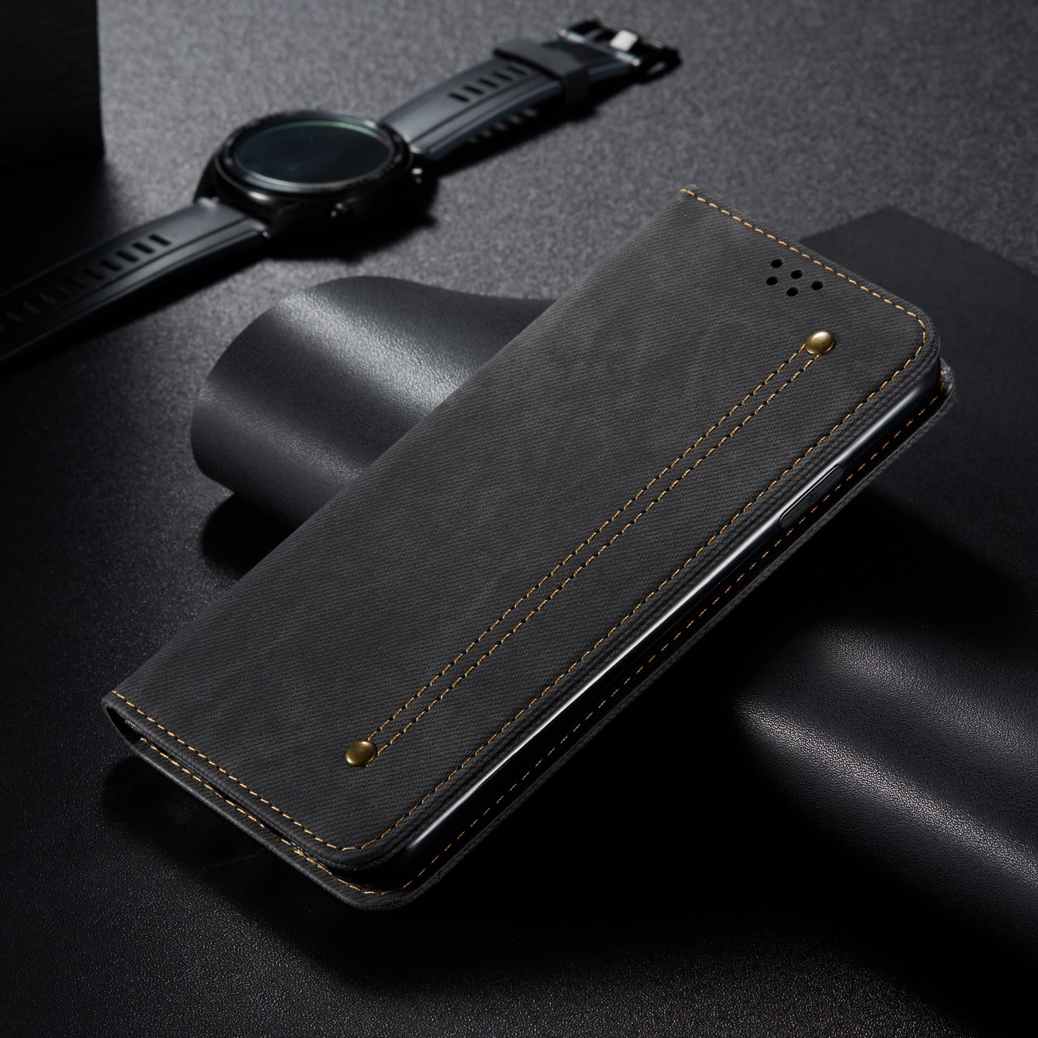 Джинсовая Ткань Текстура Ретро -стиль Flip Leather Chorking Для Xiaomi Mi Cc9e/mi A3 - Черный