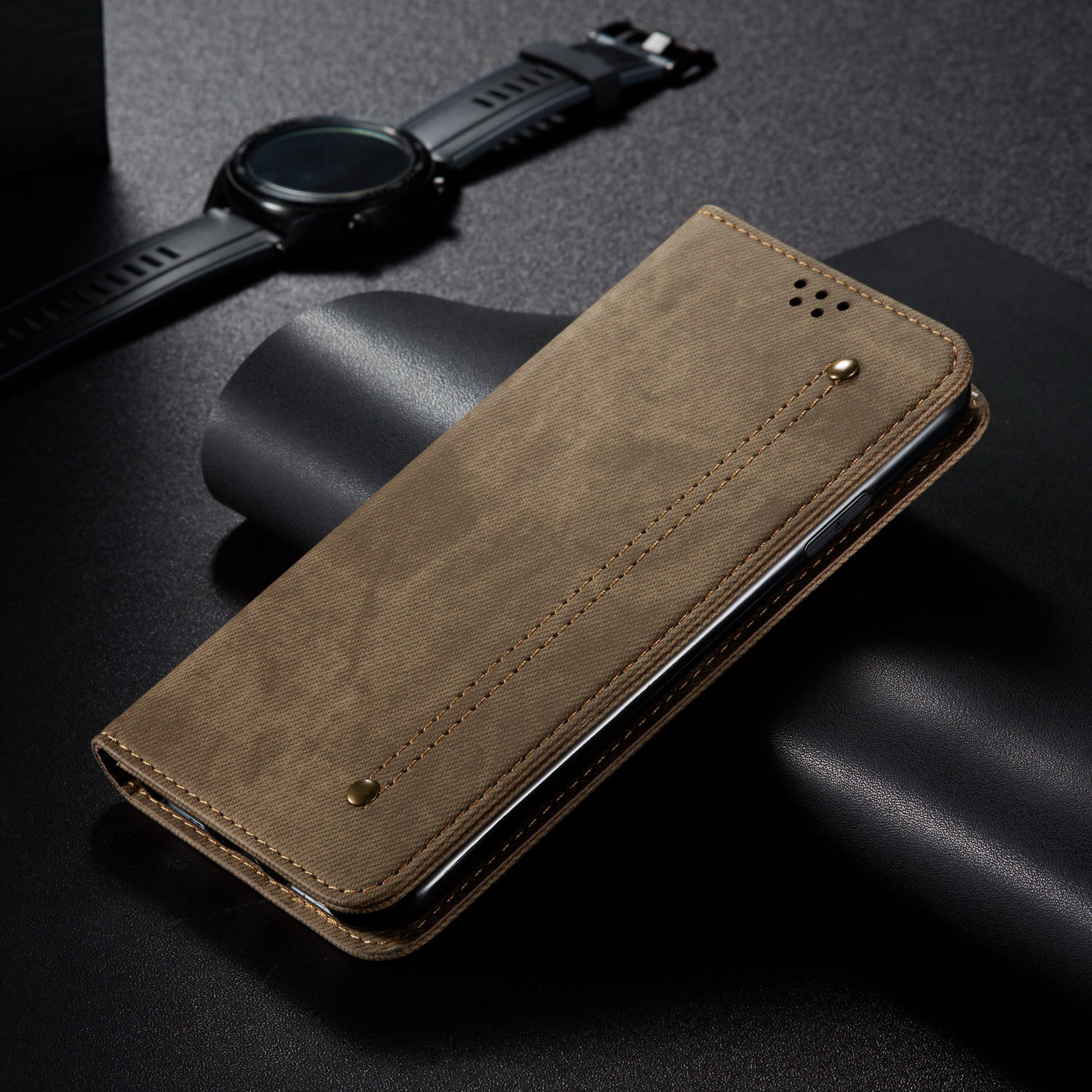 Джинсовая Ткань Текстура Ретро -стиль Flip Leather Chorking Для Xiaomi Mi Cc9e/mi A3 - Черный