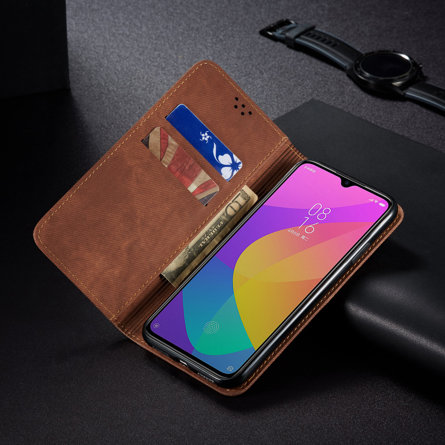 Джинсовая Ткань Текстура Ретро -стиль Flip Leather Chorking Для Xiaomi Mi Cc9e/mi A3 - Черный