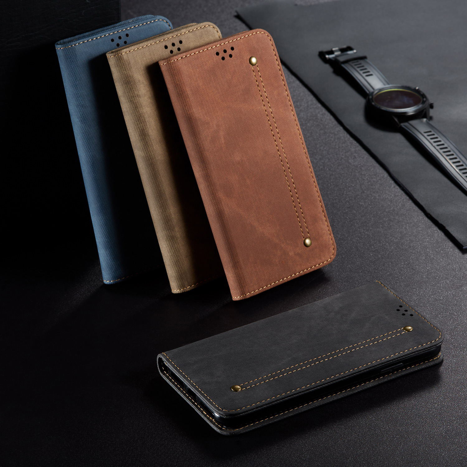 Джинсовая Ткань Текстура Ретро -стиль Flip Leather Chorking Для Xiaomi Mi Cc9e/mi A3 - Черный