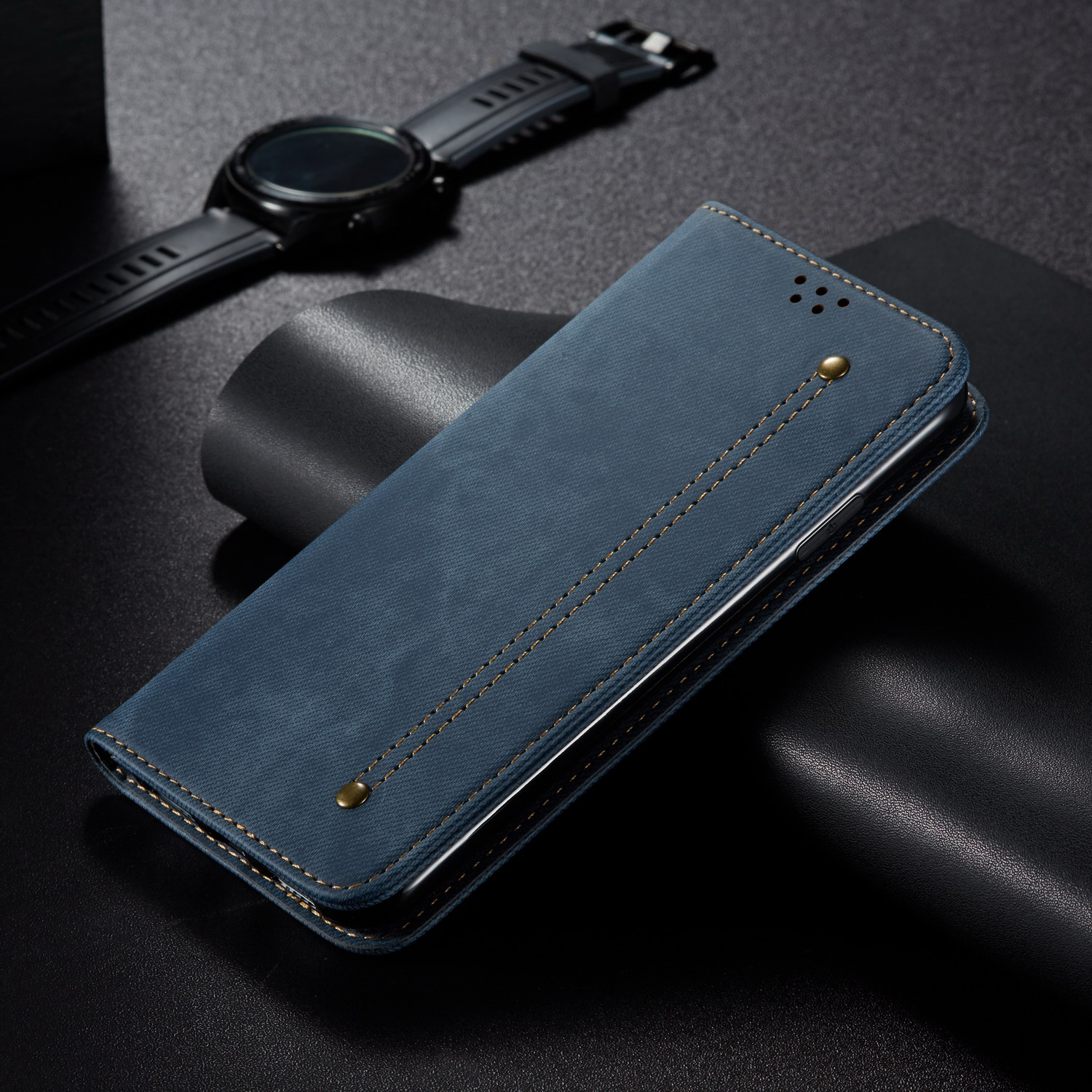 Jeans Stoff Textur Retro -flip Leder -telefongehäuse Für Xiaomi Mi Cc9e/mi A3 - Schwarz