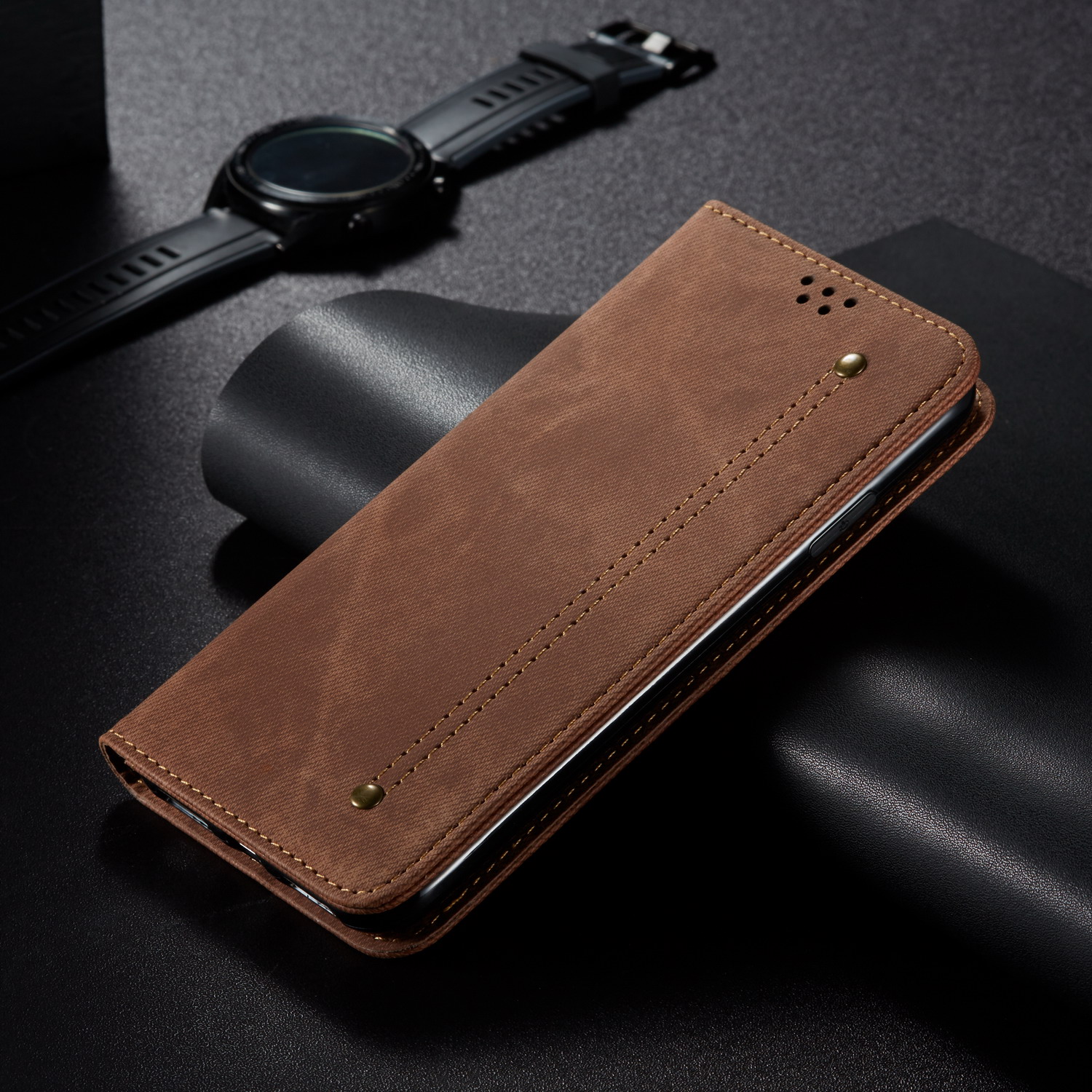 Jeans Stoff Leder Brieftasche im Retro -stil Für Xiaomi Redmi Note 8 Pro - Khaki