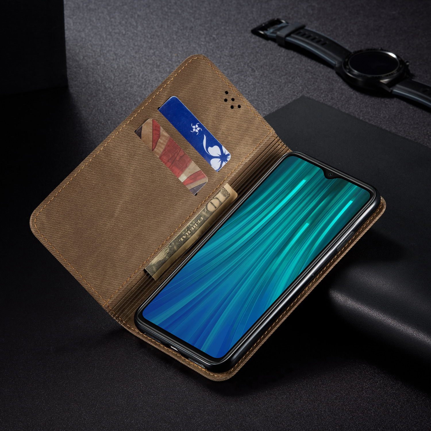 Caixa de Carteira de Couro de Jeans de Estilo Retro Para Xiaomi Redmi Note 8 Pro - Cáqui