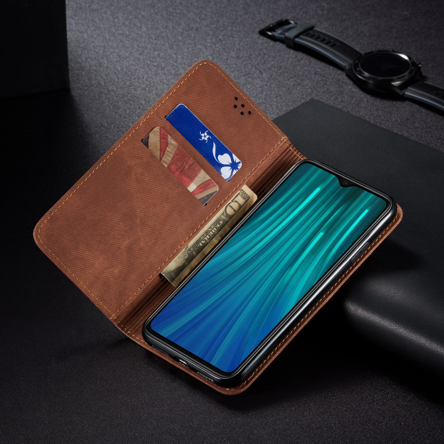 Caixa de Carteira de Couro de Jeans de Estilo Retro Para Xiaomi Redmi Note 8 Pro - Cáqui