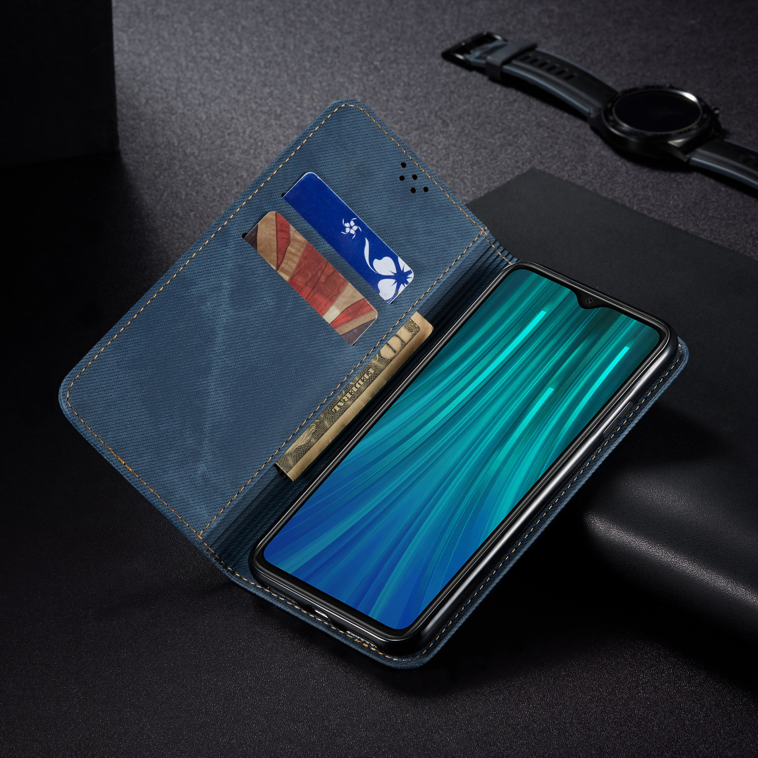 Caixa de Carteira de Couro de Jeans de Estilo Retro Para Xiaomi Redmi Note 8 Pro - Cáqui