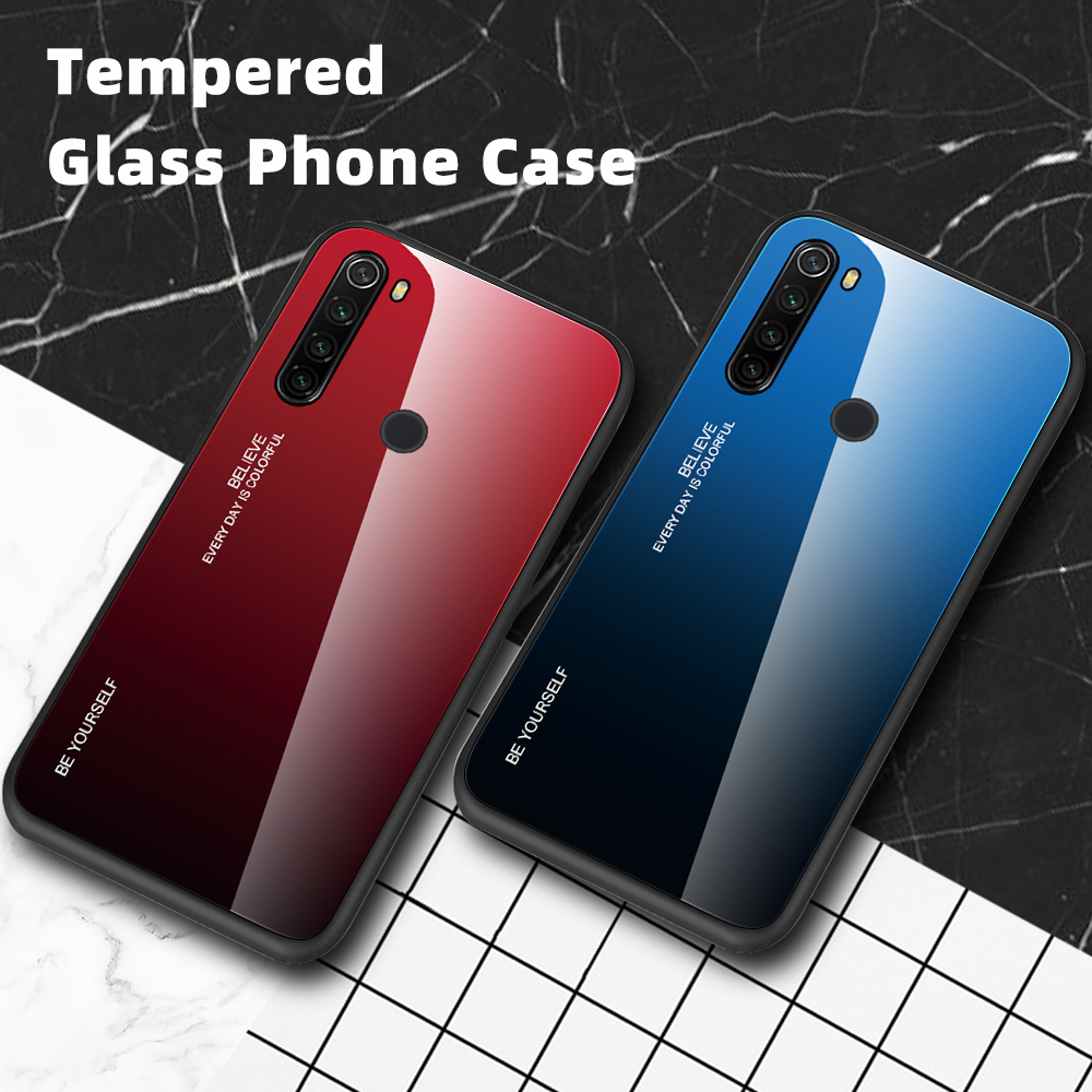 Caso de Vidro Temperado Com Cor Gradiente + PC + TPU Para Xiaomi Redmi Note 8T - Vermelho Preto