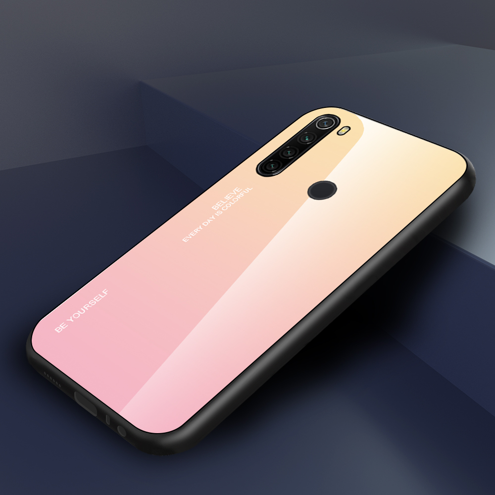 Vetro Temperato a Colore Gradiente + PC + Custodia Combinata Per Xiaomi Redmi Note 8T - Giallo/rosa