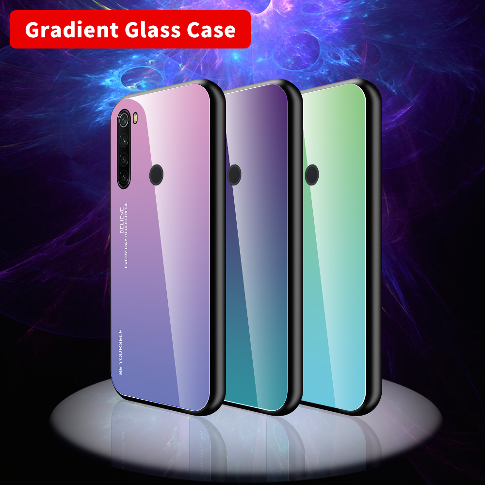 Caso de Vidro Temperado Com Cor Gradiente + PC + TPU Para Xiaomi Redmi Note 8T - Azul-ciano