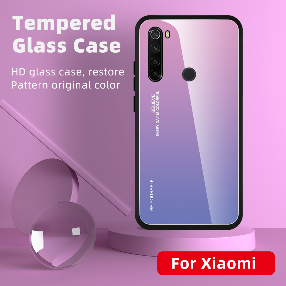 Caso de Vidro Temperado Com Cor Gradiente + PC + TPU Para Xiaomi Redmi Note 8T - Amarelo/rosa