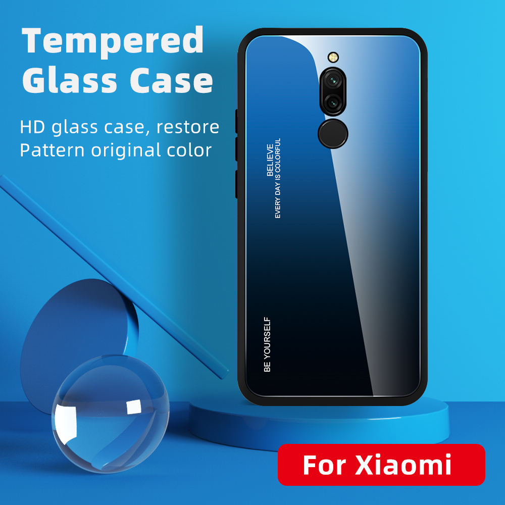 Gräuliche Farbfarbglas + PC + TPU Combo Shell Für Xiaomi Redmi 8 - Cyan-blau