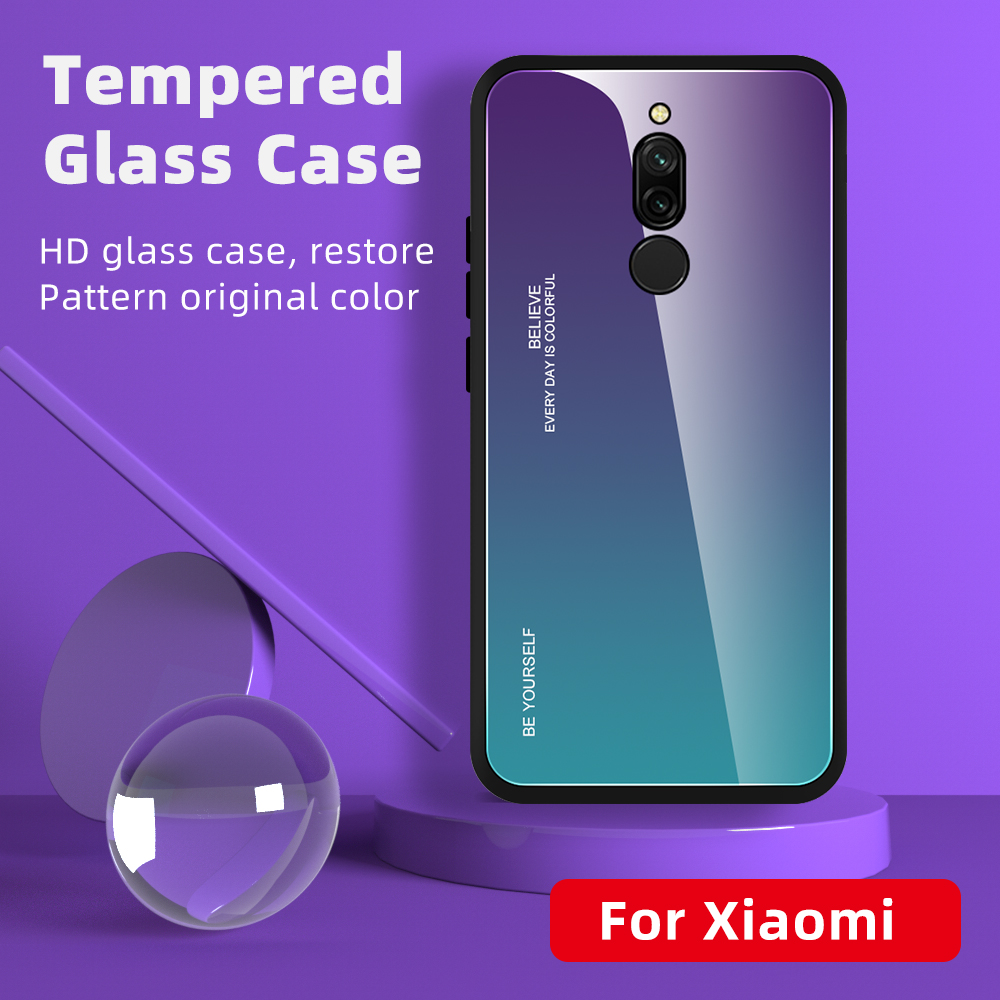 Vetro Temperato a Colore Gradiente + pc + Guscio Combinato TPU Per Xiaomi Redmi 8 - Ciano/blu