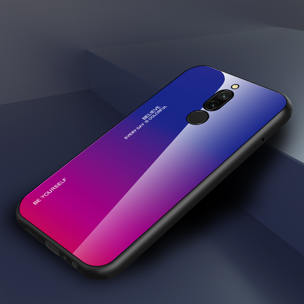 Vetro Temperato a Colore Gradiente + pc + Guscio Combinato TPU Per Xiaomi Redmi 8 - Ciano/blu