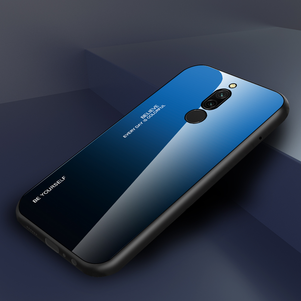 Vetro Temperato a Colore Gradiente + pc + Guscio Combinato TPU Per Xiaomi Redmi 8 - Ciano/blu