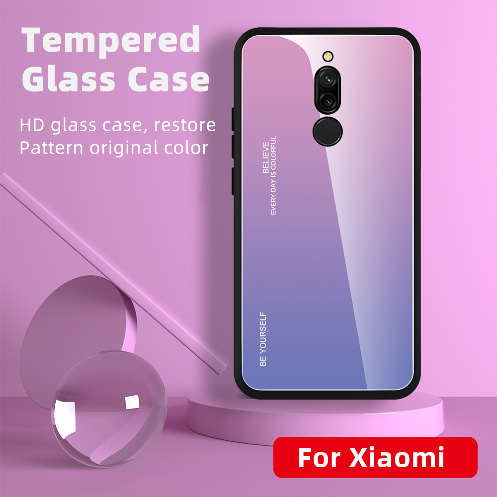 Vetro Temperato a Colore Gradiente + pc + Guscio Combinato TPU Per Xiaomi Redmi 8 - Ciano/blu