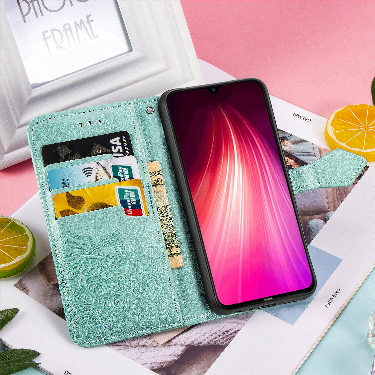 Mandala Blume Geprägte Lederständer Telefon Brieftasche Für Xiaomi Redmi Note 8t - Blau