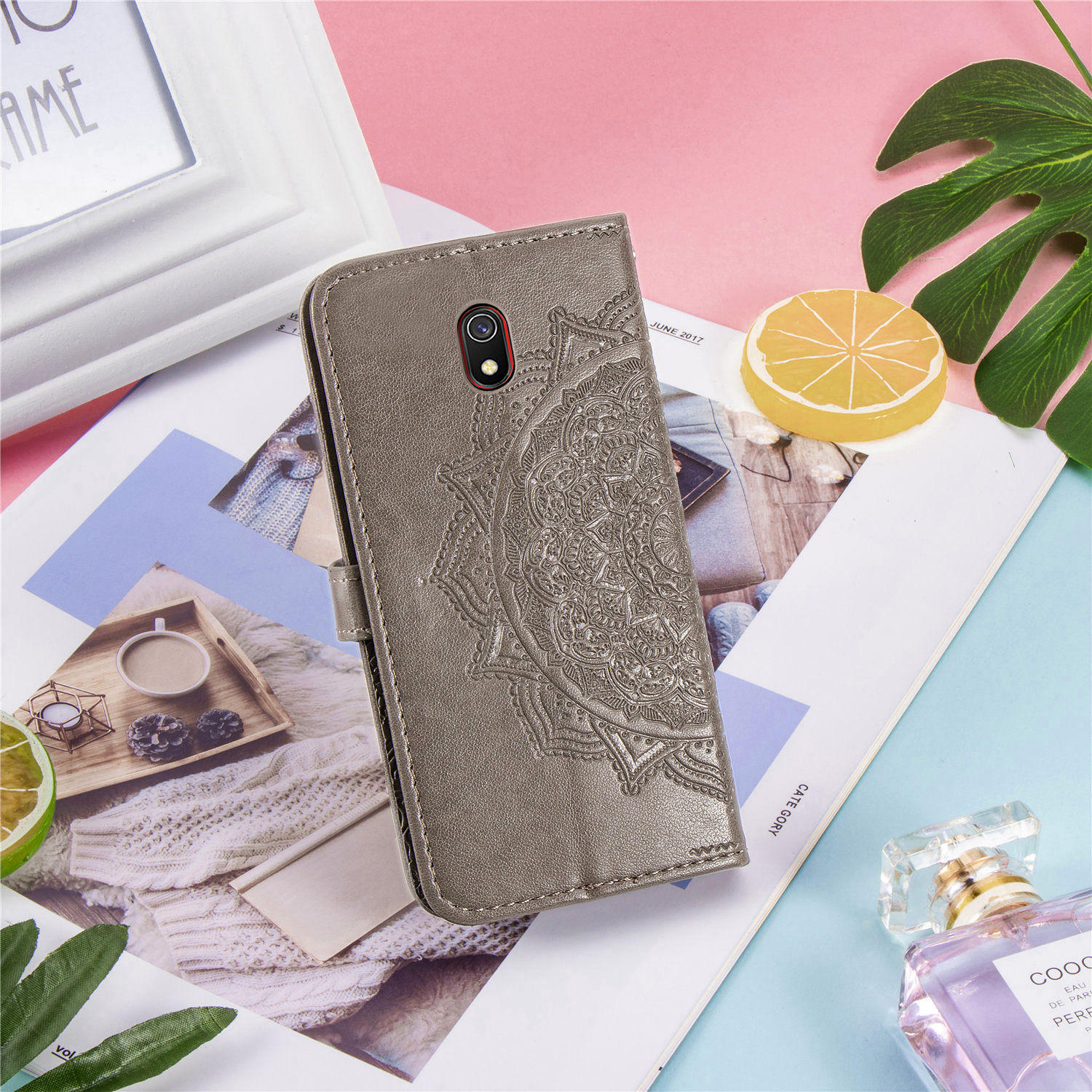 Geprägte Mandala Blumenlederschutzbedeckung Mit Standbrieftasche Für Xiaomi Redmi 8a - Schwarz