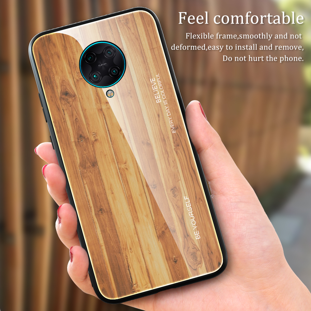 Holzkornmuster Tpu+temperierte Glas Handyabdeckung Für Xiaomi Redmi K30 Pro/Poco F2 Pro - Kaffee