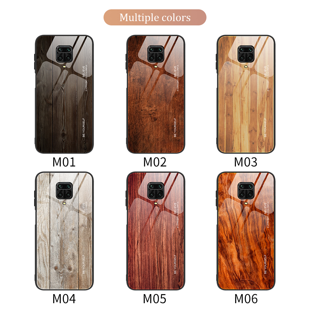 Holzkornmuster Tpu+temperiertes Glas Rückengehäuse Für Xiaomi Redmi Note 9s/note 9 Pro Max - Schwarz