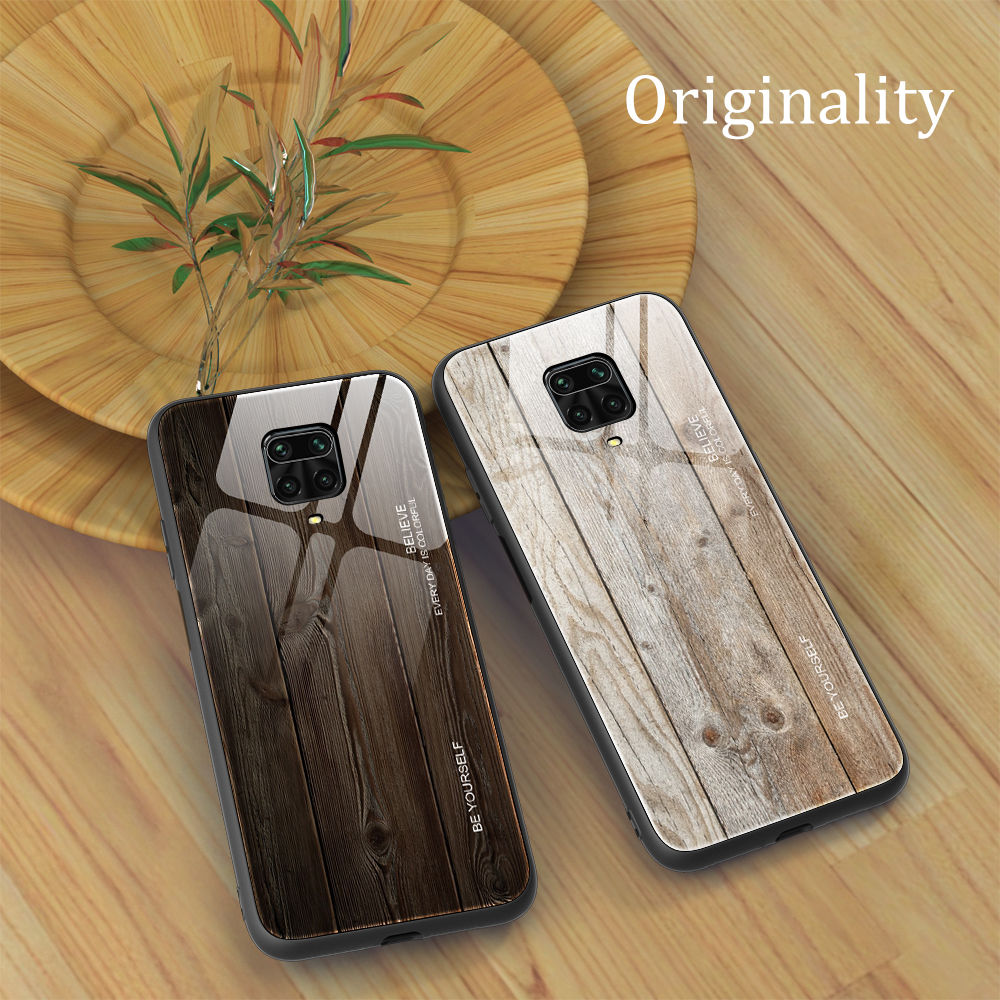 Modèle de Grain de Bois Tpu + Étui Arrière en Verre Trempé Pour Xiaomi Redmi Note 9s / Note 9 Pro Max - le Noir