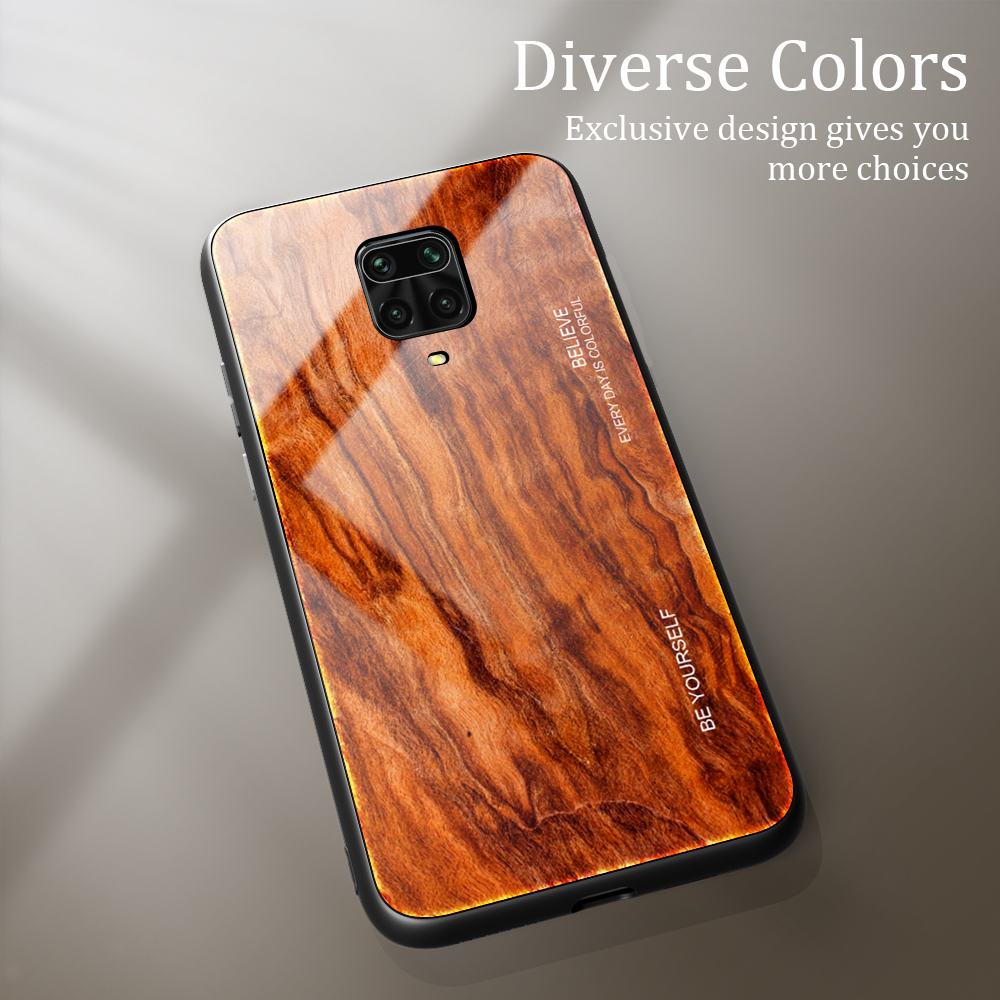 Modèle de Grain de Bois Tpu + Étui Arrière en Verre Trempé Pour Xiaomi Redmi Note 9s / Note 9 Pro Max - le Noir