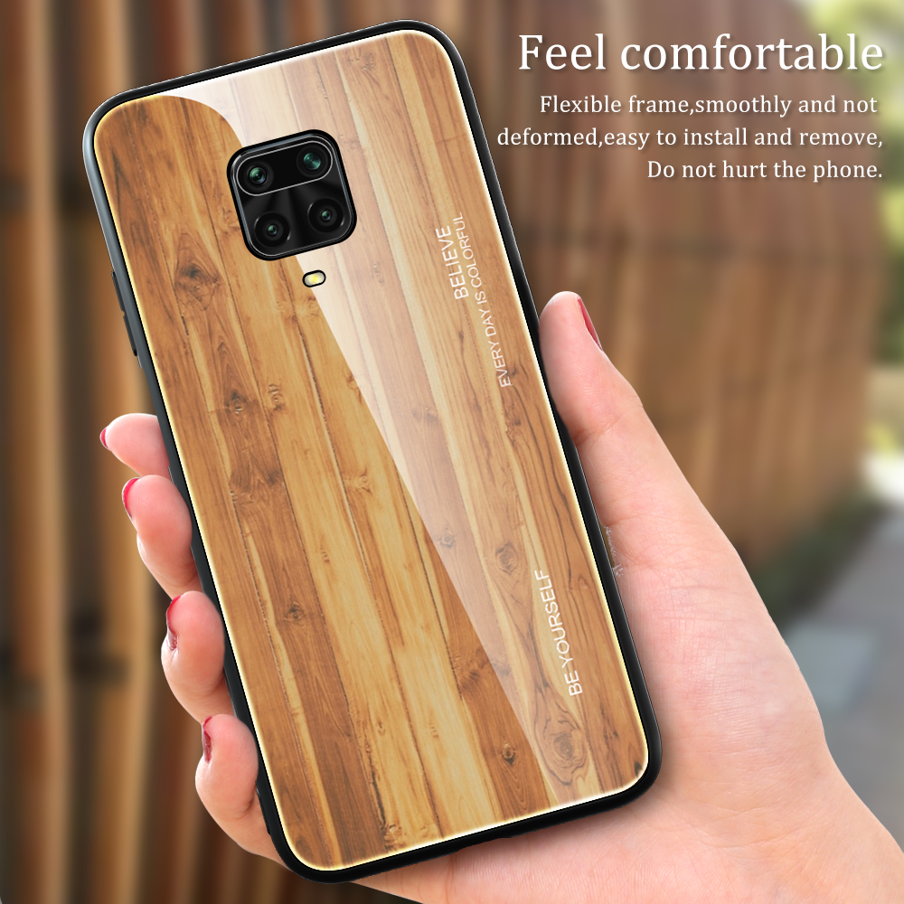 Holzkornmuster Tpu+temperiertes Glas Rückengehäuse Für Xiaomi Redmi Note 9s/note 9 Pro Max - Schwarz