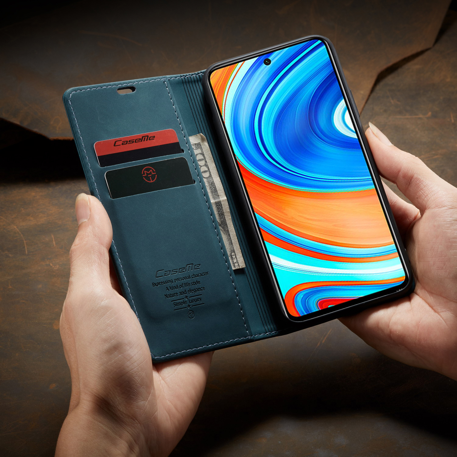 Caseme 013 Серия Серии Автоматического Обреченного Кожаного Кошелька Для Xiaomi Redmi Note 9 Pro/Note 9 Pro Max/Note 9s - Черный