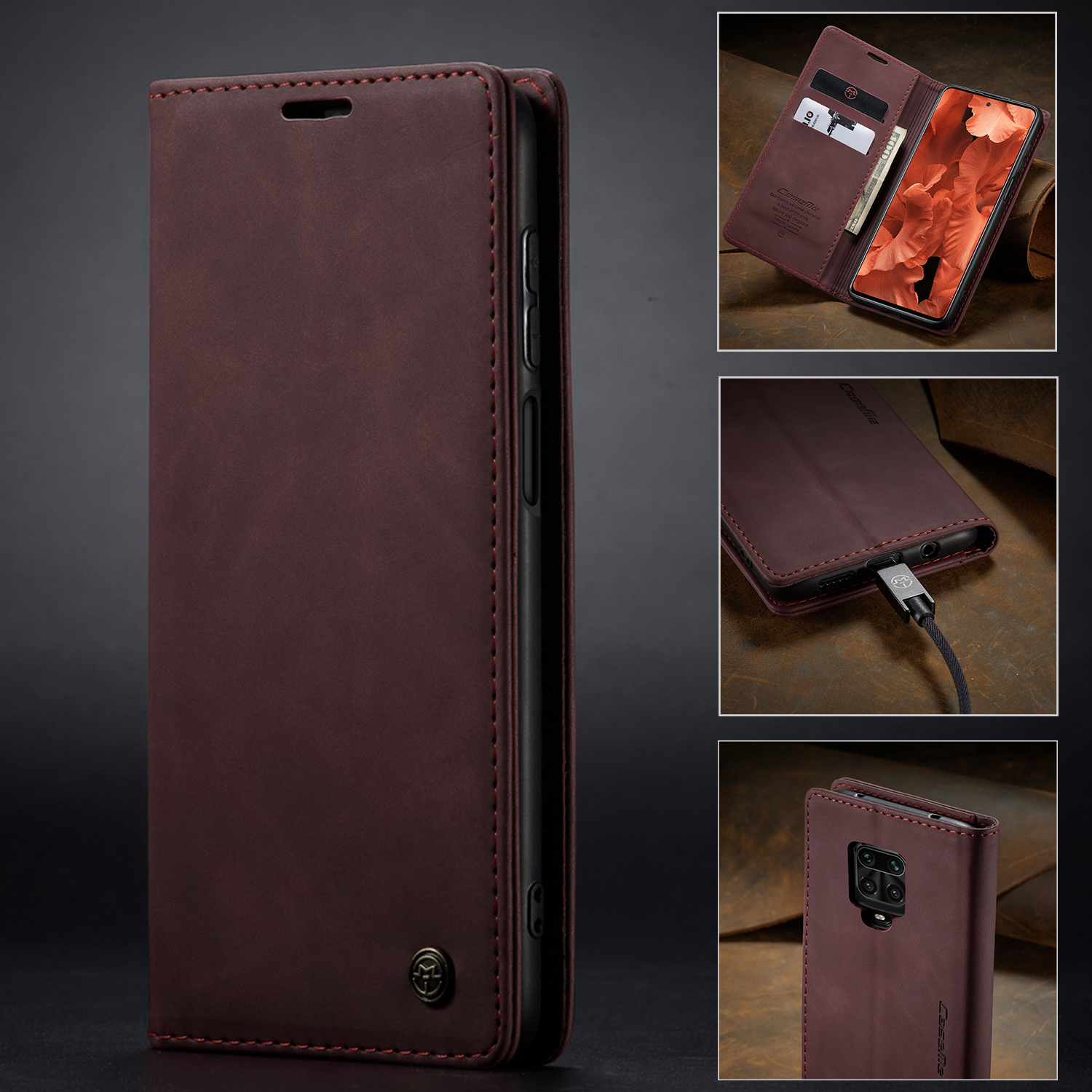 Caseme 013 Série Auto-absorbed le Cuir Portefeuille Pour Xiaomi Redmi Note 9 Pro / Note 9 Pro Max / Note 9S - le Noir