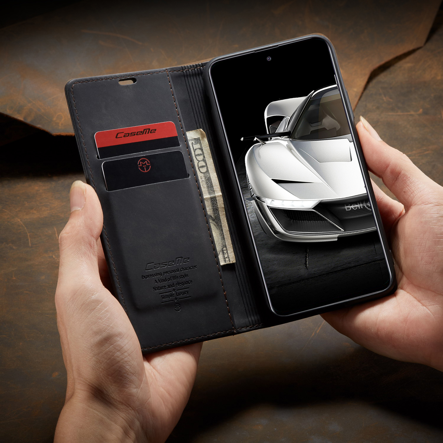 Caseme 013 Série Auto-absorbed le Cuir Portefeuille Pour Xiaomi Redmi Note 9 Pro / Note 9 Pro Max / Note 9S - le Noir