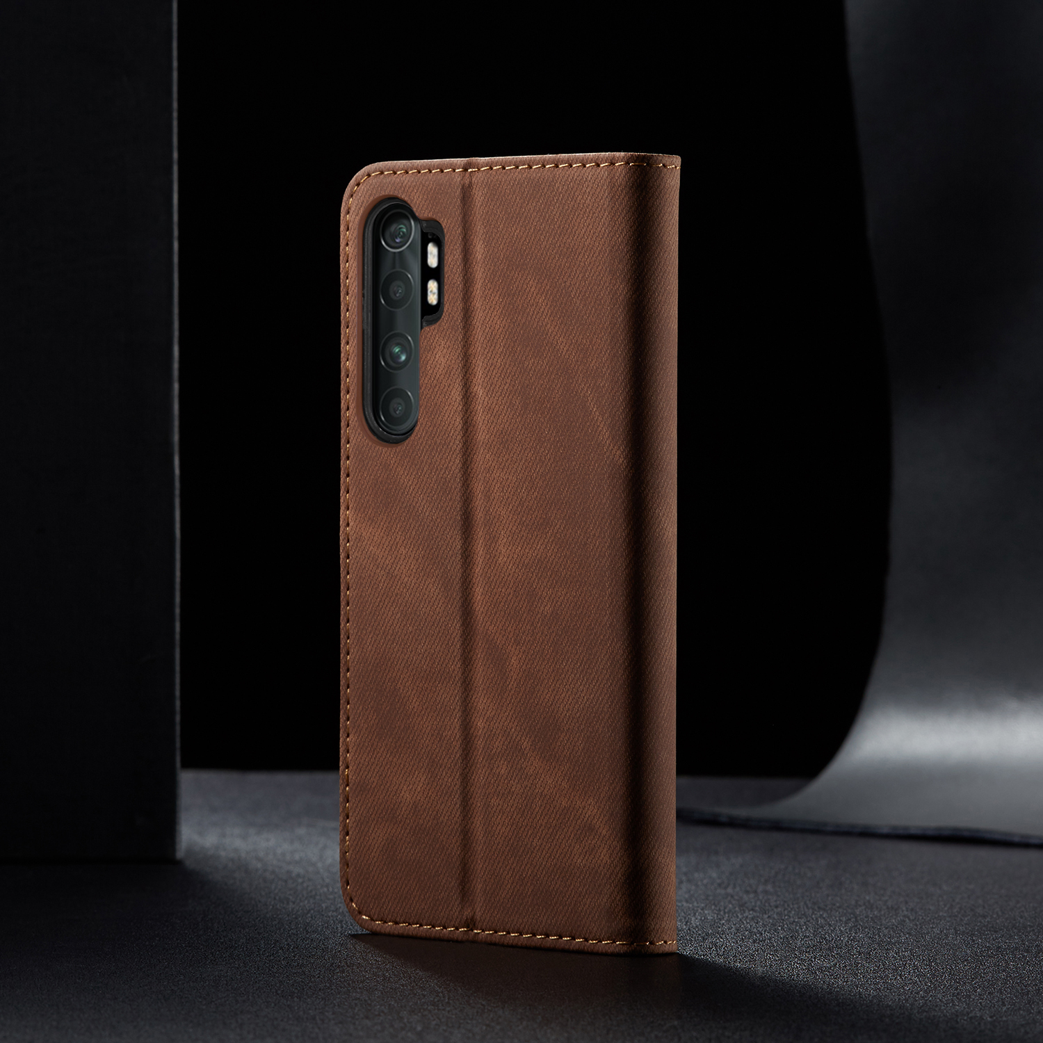 Jeans en Cuir en Cuir en Cuir Avec Support de Portefeuille Pour Xiaomi Mi Note 10 Lite - Brun