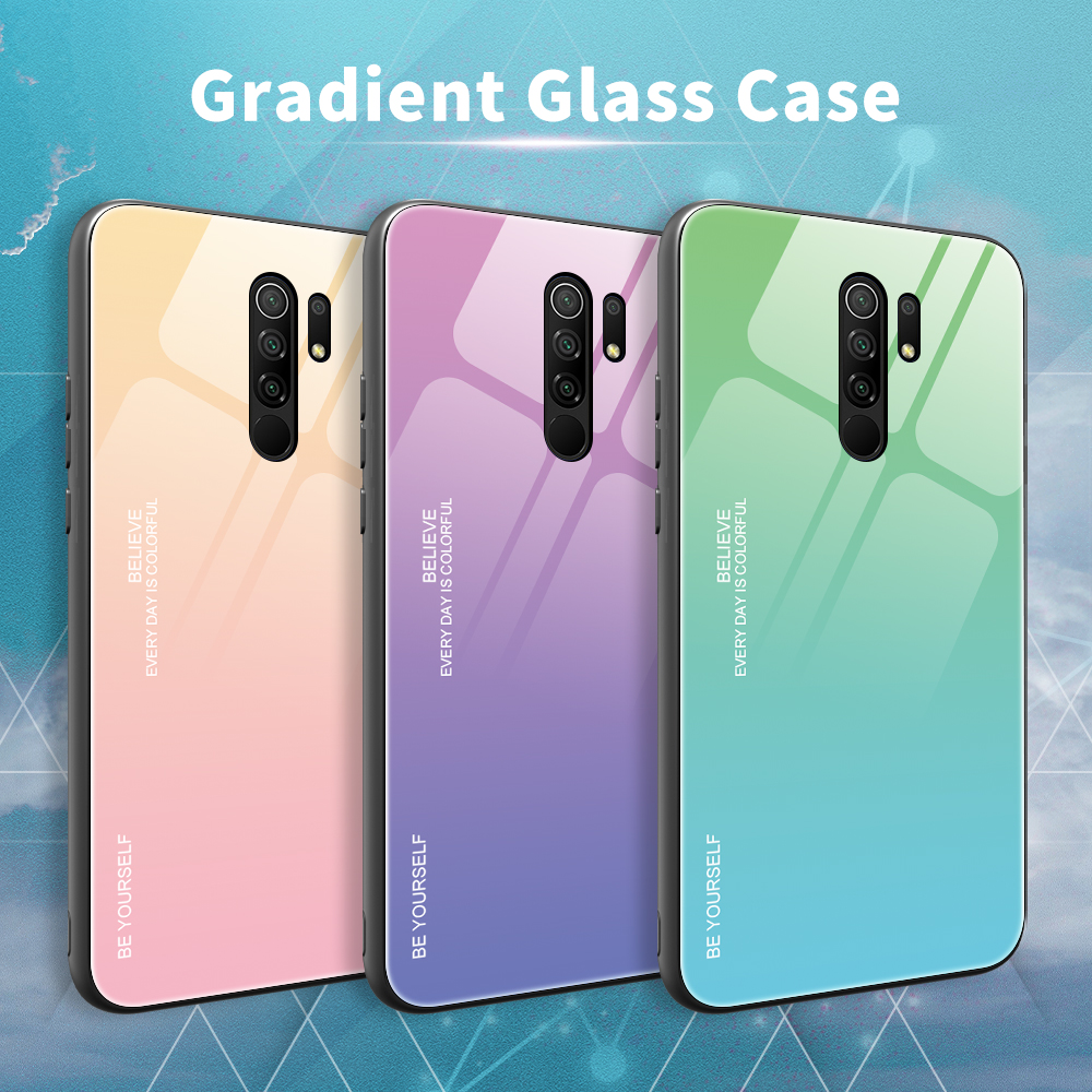 Gradiente de Vidro Temperado de Cor + pc + Shell TPU Para Xiaomi Redmi 9 - Verde Púrpura