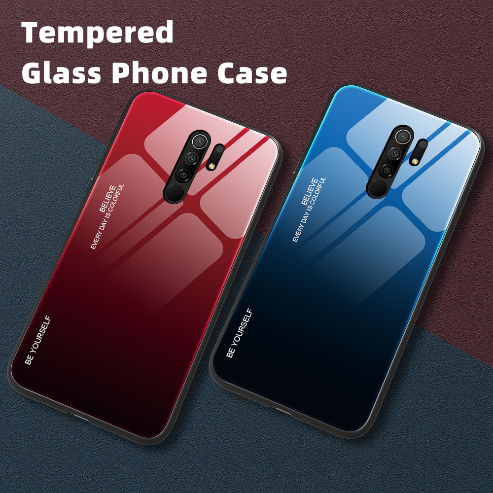 Gradiente de Vidrio Templado de Color + PC + TPU Shell Para Xiaomi Redmi 9 - Verde Púrpura