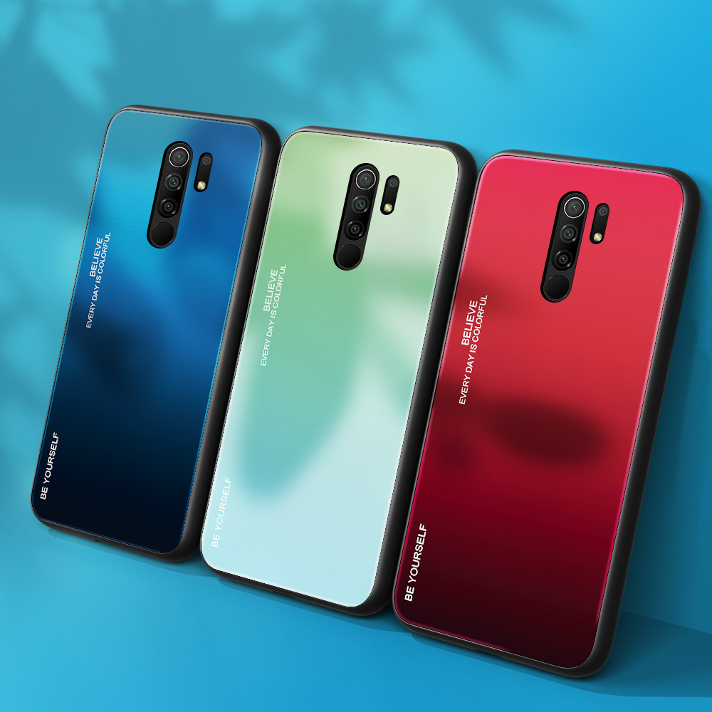 Gradiente de Vidrio Templado de Color + PC + TPU Shell Para Xiaomi Redmi 9 - Verde Púrpura