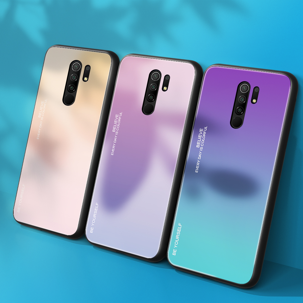 Gradiente de Vidrio Templado de Color + PC + TPU Shell Para Xiaomi Redmi 9 - Verde Púrpura