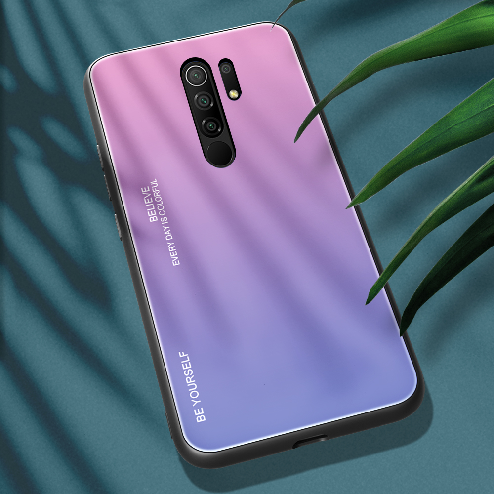 Gradiente de Vidrio Templado de Color + PC + TPU Shell Para Xiaomi Redmi 9 - Verde Púrpura