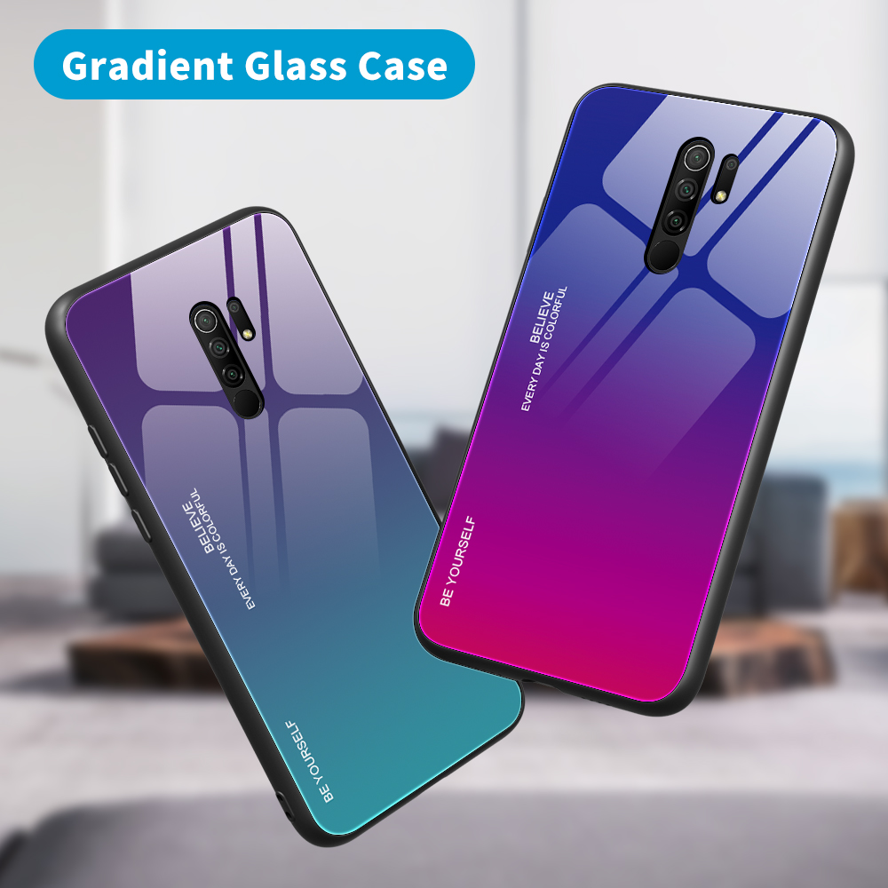 Gradient Color Temperred Glass + PC + TPU Shell Pour Xiaomi Redmi 9 - Violet Vert