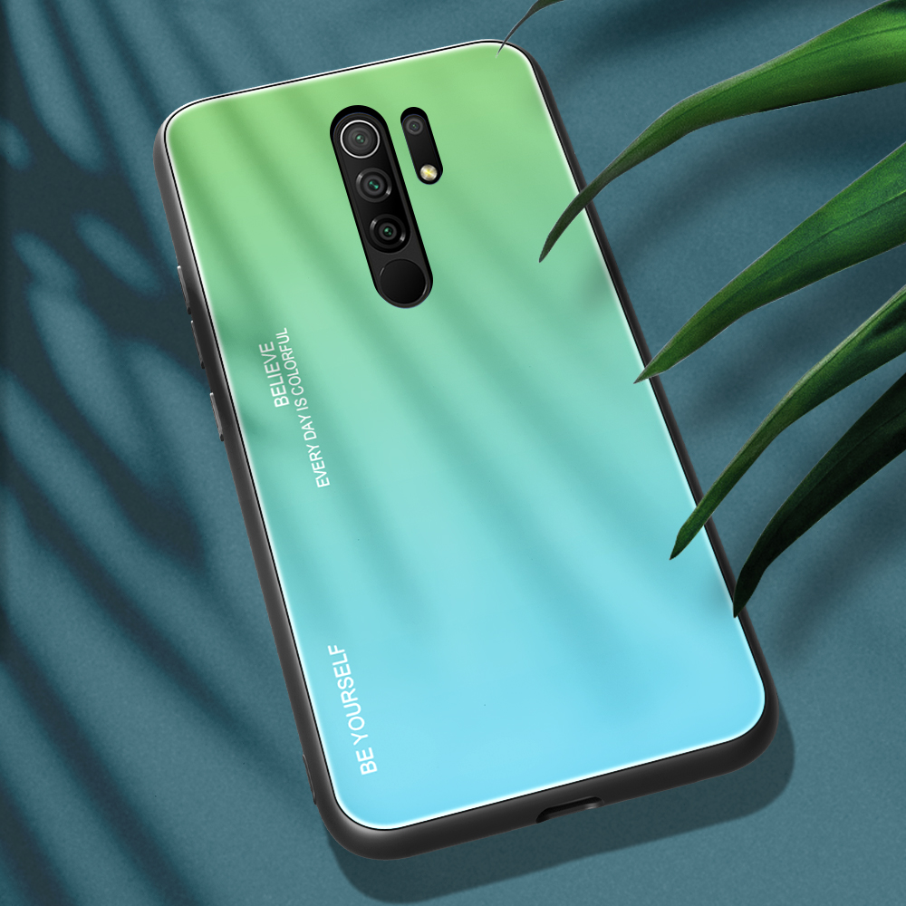 Gradiente de Vidro Temperado de Cor + pc + Shell TPU Para Xiaomi Redmi 9 - Verde Púrpura