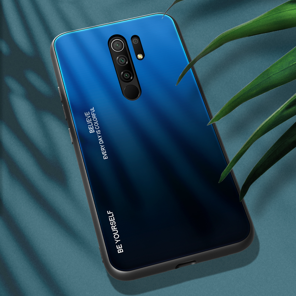 Gradiente de Vidro Temperado de Cor + pc + Shell TPU Para Xiaomi Redmi 9 - Verde Púrpura