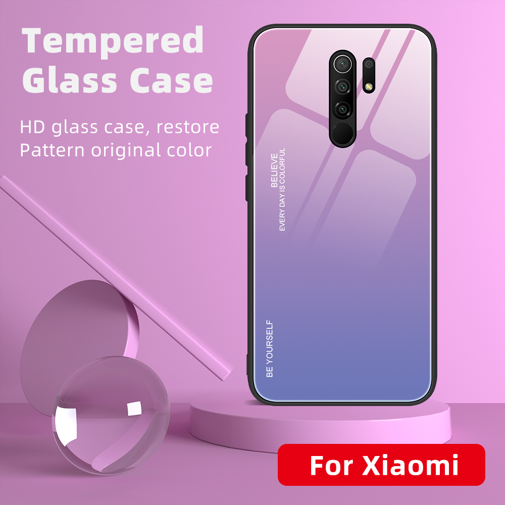 Gradient Color Temperred Glass + PC + TPU Shell Pour Xiaomi Redmi 9 - Violet Vert