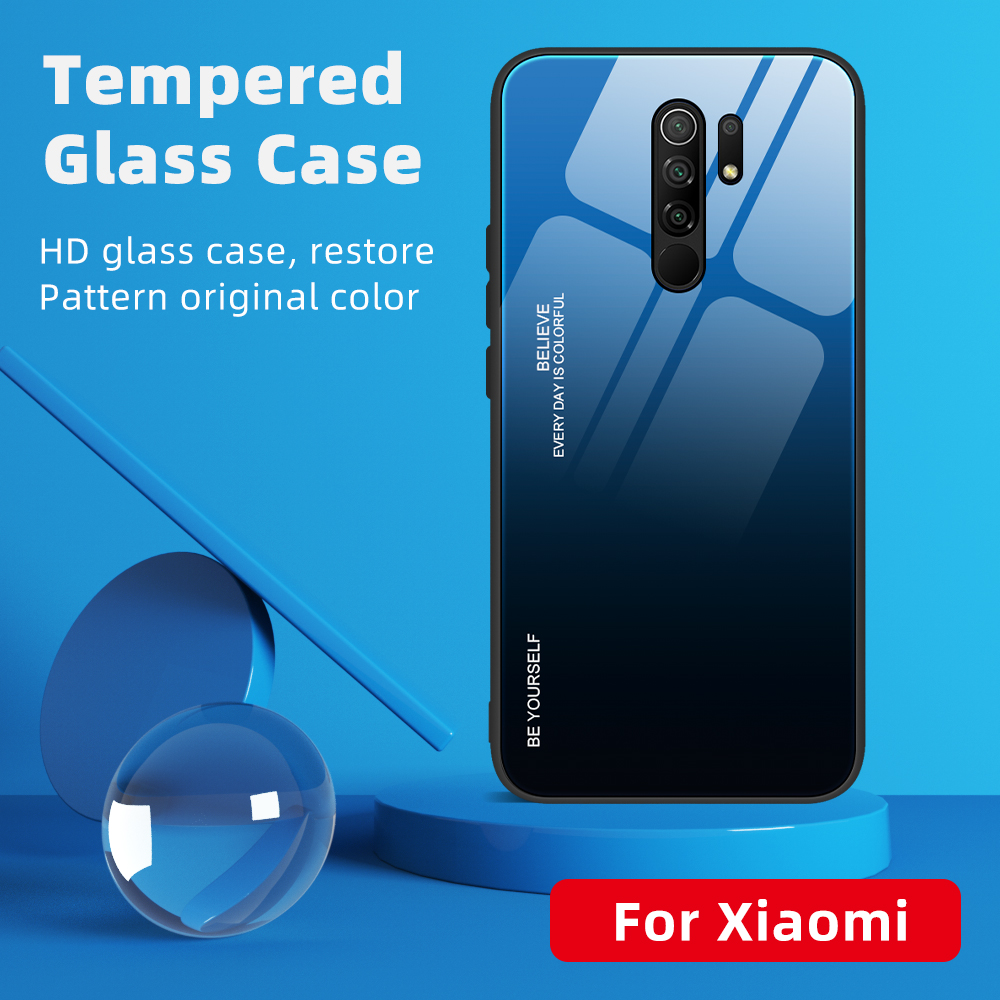 Gradiente de Vidrio Templado de Color + PC + TPU Shell Para Xiaomi Redmi 9 - Verde Púrpura