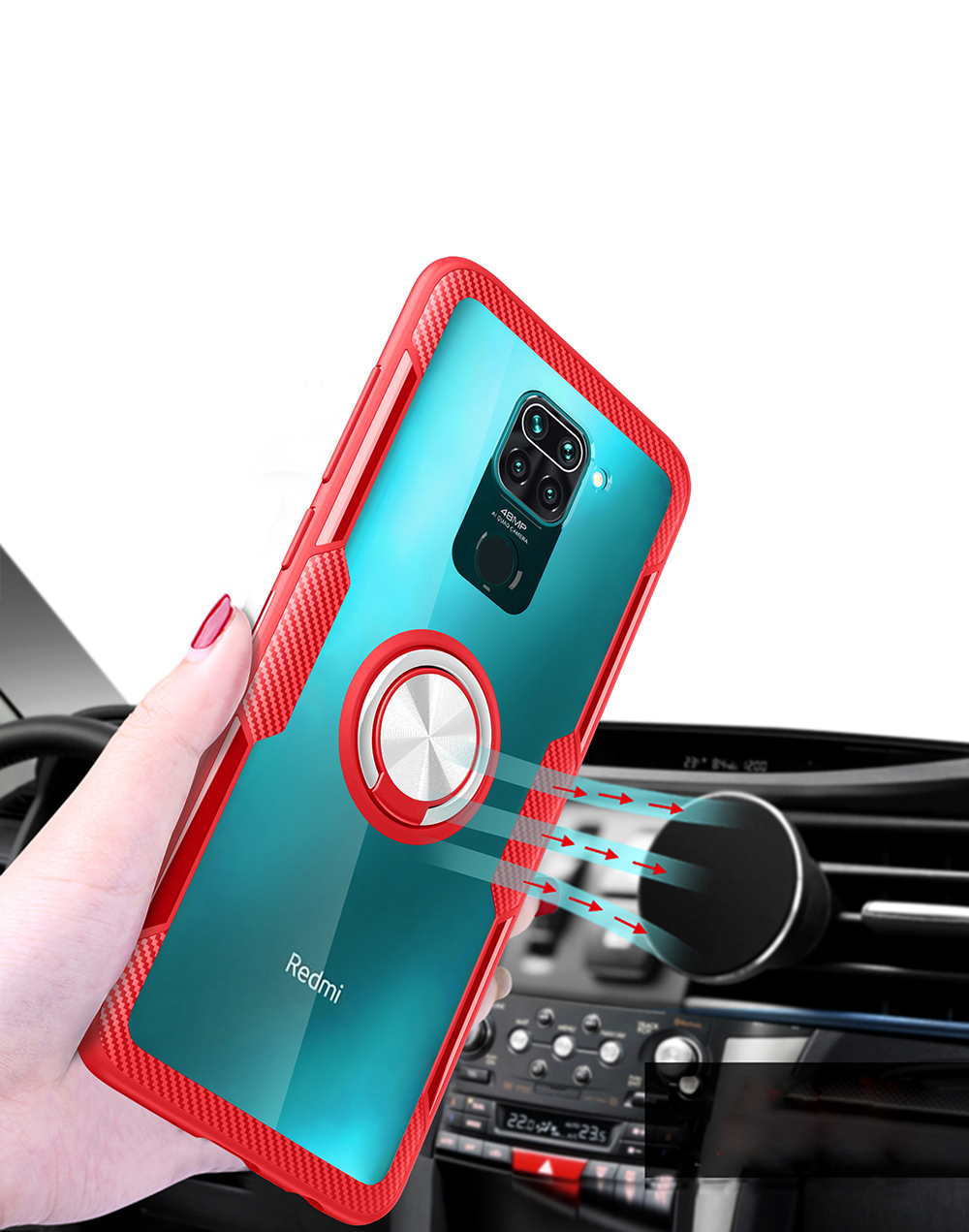 Kickstand TPU + PC + Case Hybride Métallique [feuille de Métaux Magnétique Intégrée] Pour Xiaomi Redmi Note 9 / Redmi 10x 4G - Rouge / Argent