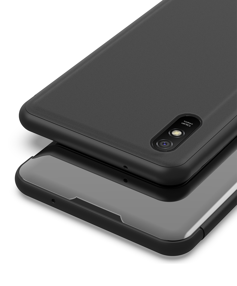 Exibir a Janela Espelhada Com Superfície de Couro de Suporte Para Xiaomi Redmi 9a - Preto