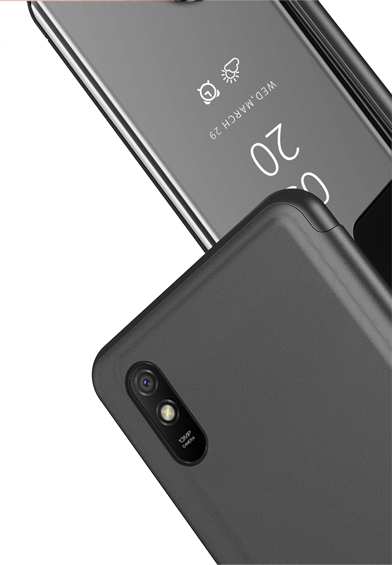 Exibir a Janela Espelhada Com Superfície de Couro de Suporte Para Xiaomi Redmi 9a - Preto